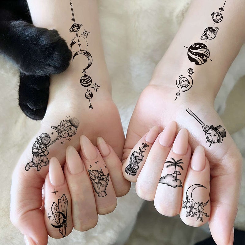 COKTAK 28 Sheets Outer Space Temporary Tattoos For Kids Women Men, 3D Fake Realistic Star Sun Moon Tattoo Stickers Boys Girls, Long Lasting Geometric Planets Universe Tattoos Neck Small Solar System - Image 3
